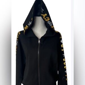 Juicy Couture Sequin Jacket Zip Up Black Gold Size Medium Hoodie Y2K Glam Urban